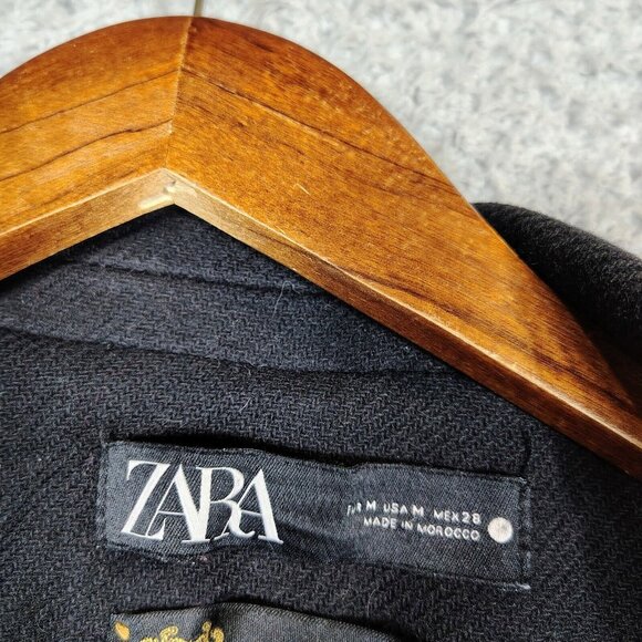 Zara Manteco Trench Coat Women's Medium Black Wool Double Breasted Long Peacoat - Picture 7 of 13